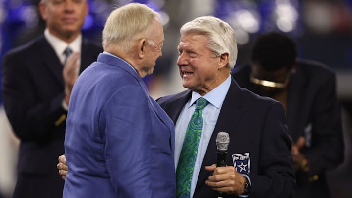 Dec 30, 2023; Arlington, Texas, USA; Dallas Cowboys owner Jerry Jones talks to former head coach Jimmy Johnson during the Ring of Honor ceremony during half of the game against the Detroit Lions at AT&T Stadium. Mandatory Credit: Tim Heitman-Imagn Images