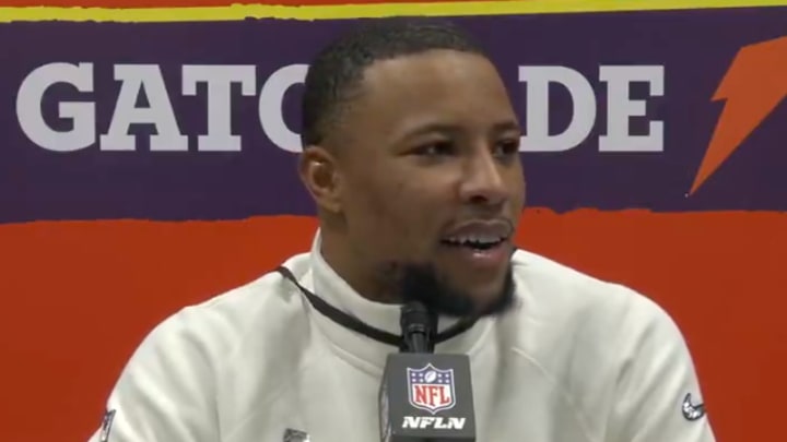 Barkley answers a question during Super Bowl Opening Night. 