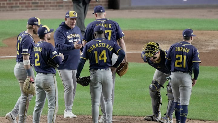 Milwaukee Brewers manager Pat Murphy relieves pitcher Jared Koenig (47) during the seventh inning of their National League Division Series game against the Chicago Cubs Wednesday, October 8, 2025 at Wrigley Field in Chicago, Illinois.