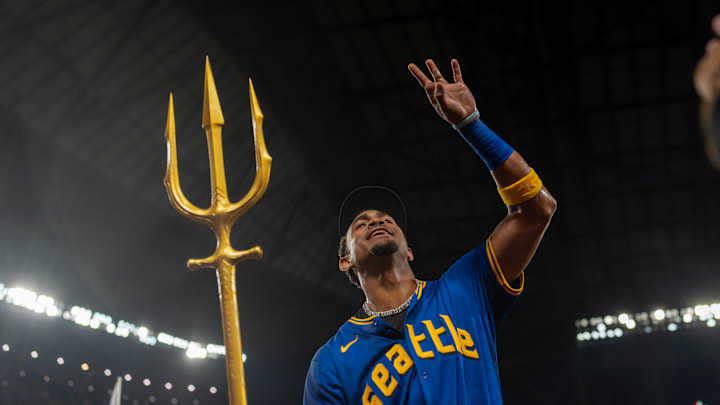 Seattle Mariners centerfielder Julio Rodriguez (44) celebrates after a game against the Texas Rangers at T-Mobile Park on Sept 13.