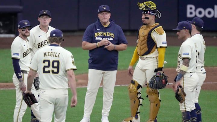Milwaukee Brewers manager Pat Murphy waits for pitcher Trevor Megill (29) to enter the game during the eighth inning of their National League Division Series game against the Chicago Cubs Monday, October 6, 2025 at American Family Field in Milwaukee, Wisconsin.