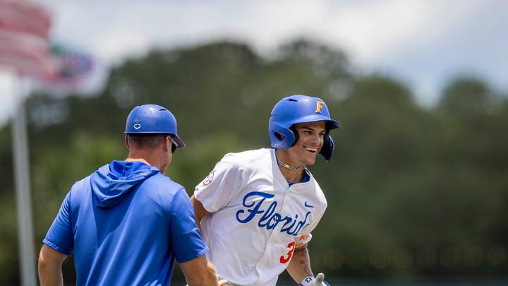Florida's outfielder Kyle Jones (3) with a homer in the bottom of the first inning against Rider in Game 1 of the NCAA Gainesville Regional at Condron Family Ballpark in Gainesville, Florida, Friday, May 29, 2026. The Gators beat the Broncs 8-7. [Cyndi Chambers/ Gainesville Sun] 2026