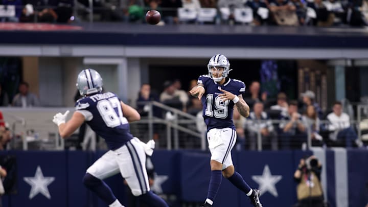 Jan 5, 2025; Arlington, Texas, USA; Dallas Cowboys quarterback Trey Lance (19) throws a pass against the Washington Commanders during the fourth quarter at AT&T Stadium. Mandatory Credit: Tim Heitman-Imagn Images