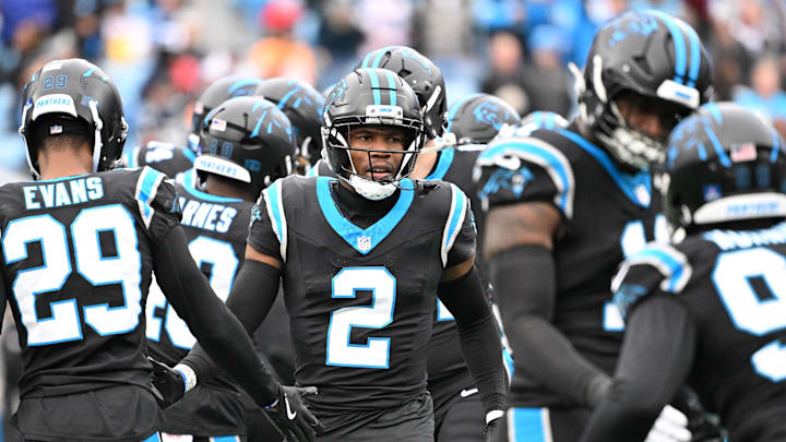 Dec 21, 2025; Charlotte, North Carolina, USA; Carolina Panthers cornerback Mike Jackson (2) runs on to the field before the game at Bank of America Stadium. Mandatory Credit: Bob Donnan-Imagn Images