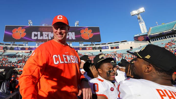 Dec 29, 2023; Jacksonville, FL, USA; Clemson Tigers head coach Dabo Swinney celebrates after being the Kentucky Wildcats in the Gator Bowl at EverBank Stadium. Mandatory Credit: Nathan Ray Seebeck-Imagn Images Dec 29, 2023; Jacksonville, FL, USA; Clemson Tigers head coach Dabo Swinney celebrates after being the Kentucky Wildcats in the Gator Bowl at EverBank Stadium. Mandatory Credit: Nathan Ray Seebeck-Imagn Images