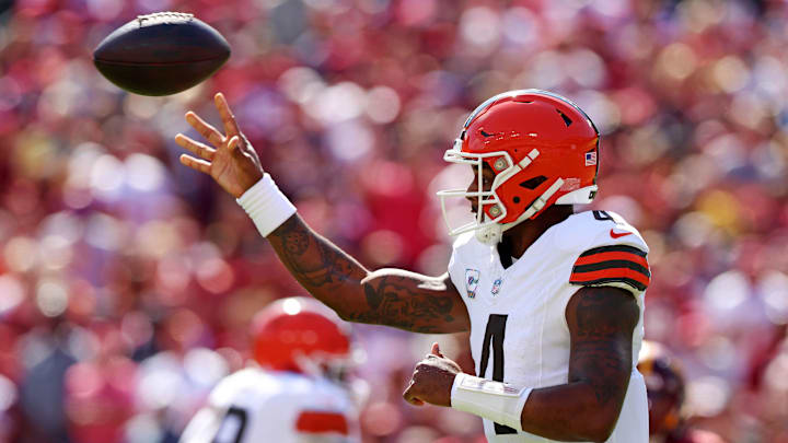 Oct 6, 2024; Landover, Maryland, USA; Cleveland Browns quarterback Deshaun Watson (4) throws a pass during the first quarter against the Washington Commanders at NorthWest Stadium. Mandatory Credit: Peter Casey-Imagn Images