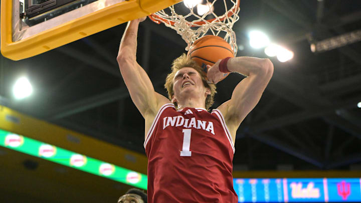 Jan 31, 2026; Los Angeles, California, USA; Indiana Hoosiers forward Reed Bailey (1) dunks in the second half against the UCLA Bruins at Pauley Pavilion presented by Wescom Financial.