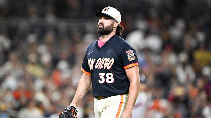 San Diego, California, USA; San Diego Padres pitcher Robbie Ray (38) leaves the field after pitching during the fourth inning against the Houston Astros at Petco Park. Mandatory Credit: Denis Poroy-Imagn Images