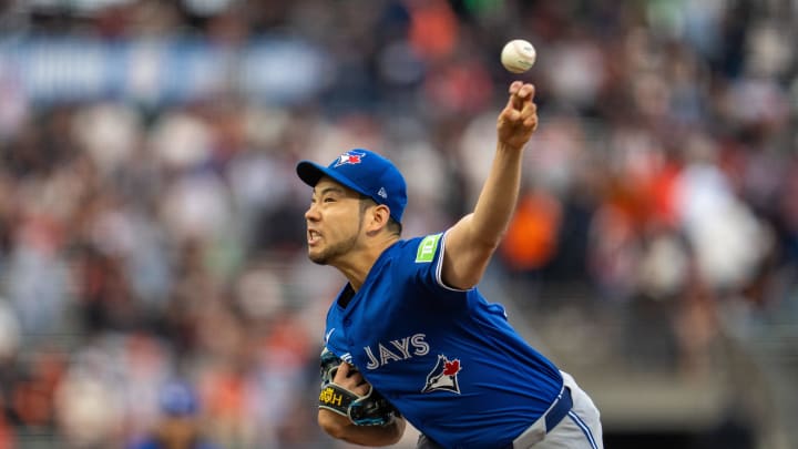 Toronto Blue Jays starting pitcher Yusei Kikuchi (16) delivers a pitch against the San Francisco Giants during the first inning at Oracle Park. 
