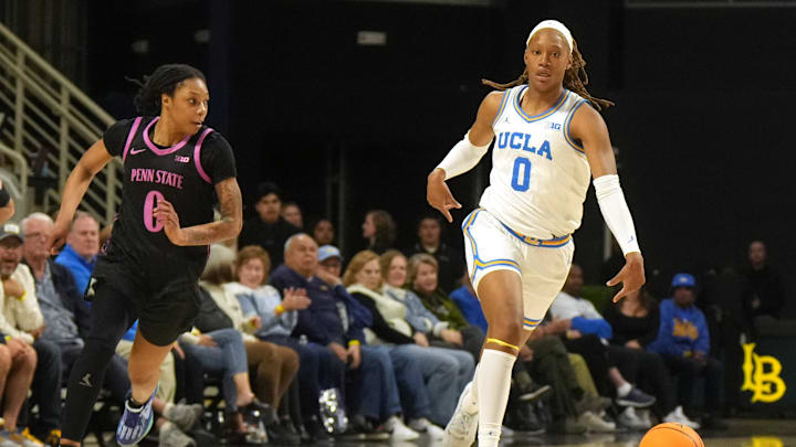 Jan 15, 2025; Long Beach, California, USA; UCLA Bruins forward Janiah Barker (0) dribbles against Penn State Nittany Lions guard Gabby Elliott (0) in the second half at the Walter Pyramid at Long Beach State. Mandatory Credit: Kirby Lee-Imagn Images