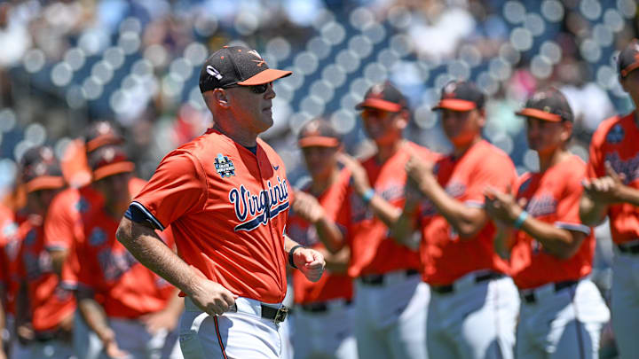 Jun 14, 2024; Omaha, NE, USA; Virginia Cavalier head coach Brian O'Connor takes the field before the game against the North Carolina Tar Heels at Charles Schwab Filed Omaha. Mandatory Credit: Steven Branscombe-Imagn Images Jun 14, 2024; Omaha, NE, USA; Virginia Cavalier head coach Brian O'Connor takes the field before the game against the North Carolina Tar Heels at Charles Schwab Filed Omaha. Mandatory Credit: Steven Branscombe-Imagn Images