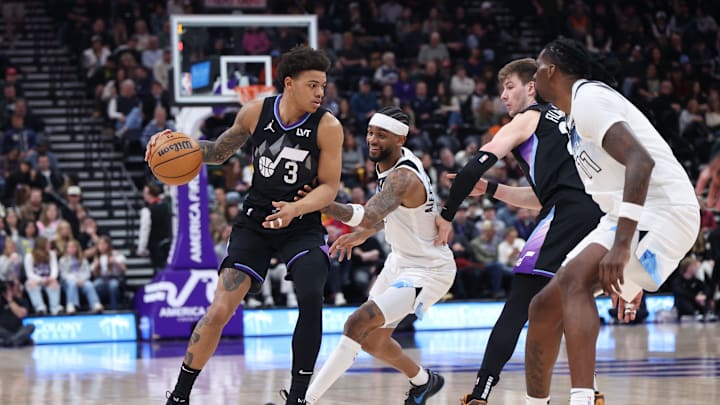 Feb 28, 2025; Salt Lake City, Utah, USA; Utah Jazz guard Keyonte George (3) dribbles against Minnesota Timberwolves guard Nickeil Alexander-Walker (9) during the second quarter at Delta Center. Mandatory Credit: Rob Gray-Imagn Images Feb 28, 2025; Salt Lake City, Utah, USA; Utah Jazz guard Keyonte George (3) dribbles against Minnesota Timberwolves guard Nickeil Alexander-Walker (9) during the second quarter at Delta Center. Mandatory Credit: Rob Gray-Imagn Images