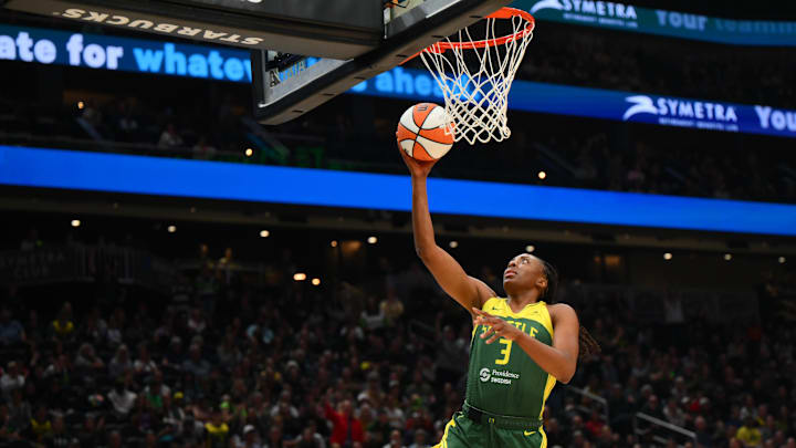 Sep 9, 2025; Seattle, Washington, USA; Seattle Storm forward Nneka Ogwumike (3) shoots the ball against the Golden State Valkyries during the first half at Climate Pledge Arena. Mandatory Credit: Steven Bisig-Imagn Images