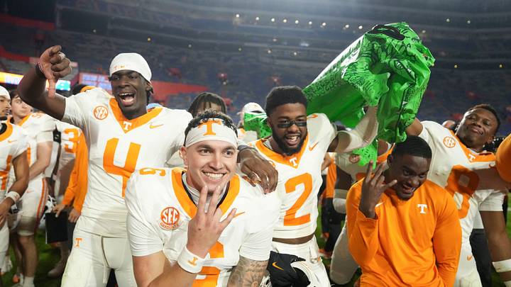 Tennessee quarterback Joey Aguilar (6), and defensive backs Ty Redmond (4),and Andre Turrentine (2) celebrate the win over Florida in an NCAA college football game on November 22, 2025, in Gainesville, Florida. Tennessee quarterback Joey Aguilar (6), and defensive backs Ty Redmond (4),and Andre Turrentine (2) celebrate the win over Florida in an NCAA college football game on November 22, 2025, in Gainesville, Florida.