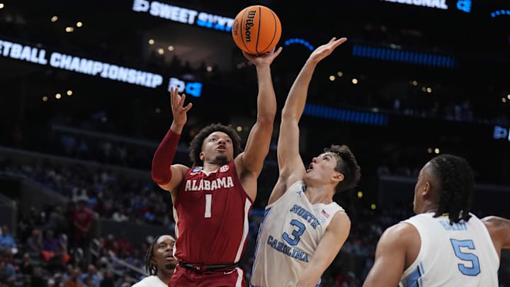 Mar 28, 2024; Los Angeles, CA, USA; Alabama Crimson Tide guard Mark Sears (1) shoots against North