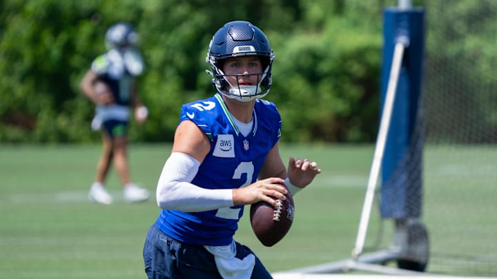 Jun 11, 2025; Renton, WA, USA; Seattle Seahawks quarterback Drew Lock (2) looks to pass the ball during mini-camp at Virginia Mason Athletic Center. Mandatory Credit: Stephen Brashear-Imagn Images Jun 11, 2025; Renton, WA, USA; Seattle Seahawks quarterback Drew Lock (2) looks to pass the ball during mini-camp at Virginia Mason Athletic Center. Mandatory Credit: Stephen Brashear-Imagn Images