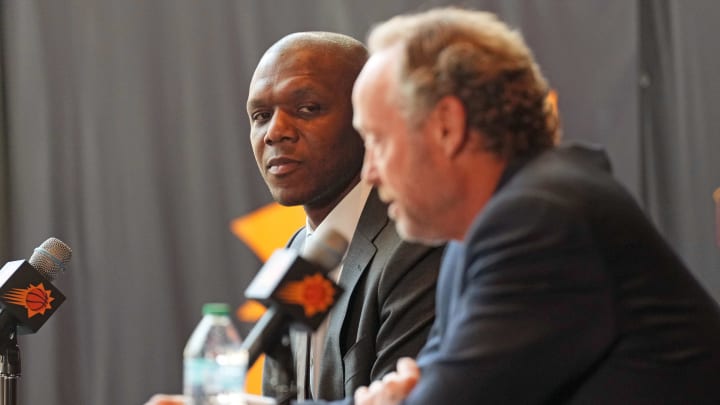 May 17, 2024; Phoenix, AZ, USA; Mike Budenholzer speaks alongside General Manager James Jones during a press conference to announce his job as head coach of the Phoenix Suns. Mandatory Credit: Joe Camporeale-USA TODAY Sports