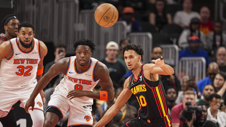 Atlanta Hawks forward Zaccharie Risacher loses control of the ball defended by New York Knicks forward OG Anunoby during the first half at State Farm Arena. Mandatory Credit: Dale Zanine-Imagn Images Atlanta Hawks forward Zaccharie Risacher loses control of the ball defended by New York Knicks forward OG Anunoby during the first half at State Farm Arena. Mandatory Credit: Dale Zanine-Imagn Images