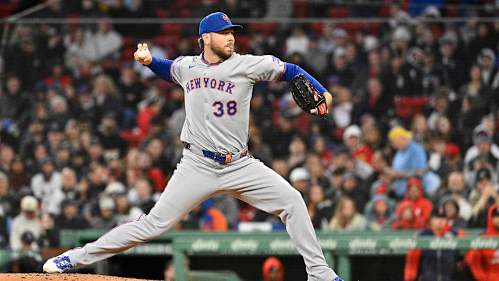 May 21, 2025; Boston, Massachusetts, USA; New York Mets starting pitcher Tylor Megill (38) pitches against the Boston Red Sox during the fourth inning at Fenway Park. Mandatory Credit: Eric Canha-Imagn Images