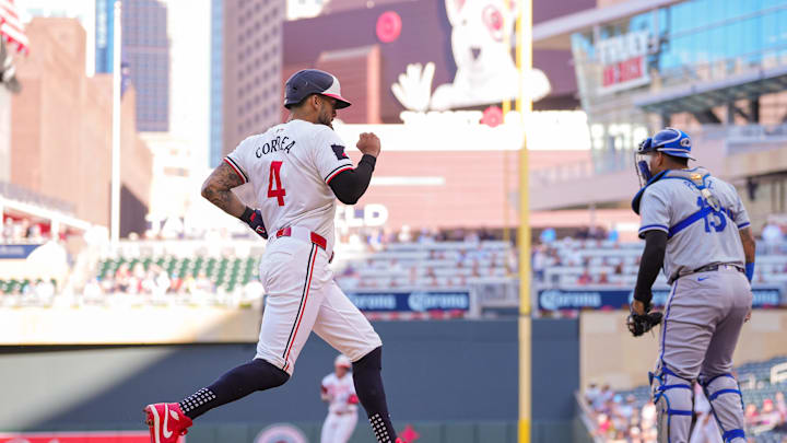 Minnesota Twins shortstop Carlos Correa (4) scores against the Kansas City Royals in the first inning at Target Field in Minneapolis on May 28, 2024. 