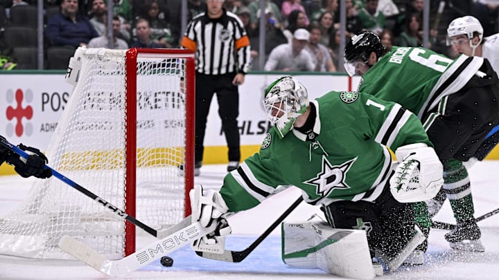 Feb 25, 2026; Dallas, Texas, USA; Dallas Stars goaltender Casey DeSmith (1) stops a shot by Seattle Kraken center Berkly Catton (27) during the third period at the American Airlines Center. Mandatory Credit: Jerome Miron-Imagn Images Feb 25, 2026; Dallas, Texas, USA; Dallas Stars goaltender Casey DeSmith (1) stops a shot by Seattle Kraken center Berkly Catton (27) during the third period at the American Airlines Center. Mandatory Credit: Jerome Miron-Imagn Images