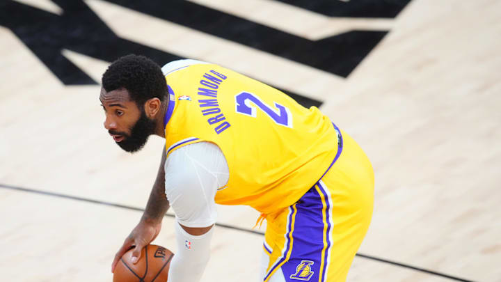 Jun 1, 2021; Phoenix, Arizona, USA; Los Angeles Lakers center Andre Drummond (2) against the Phoenix Suns during game five in the first round of the 2021 NBA Playoffs at Phoenix Suns Arena. Mandatory Credit: Mark J. Rebilas-Imagn Images