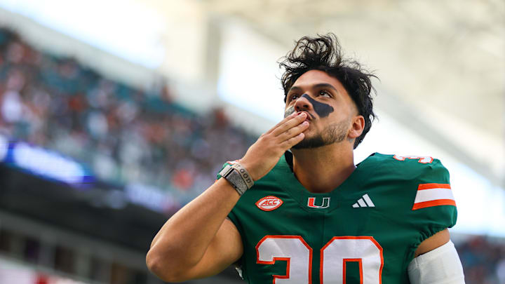 Nov 23, 2024; Miami Gardens, Florida, USA; Miami Hurricanes place kicker Andres Borregales (30) blows a kiss before the game against the Wake Forest Demon Deacons at Hard Rock Stadium. Mandatory Credit: Sam Navarro-Imagn Images