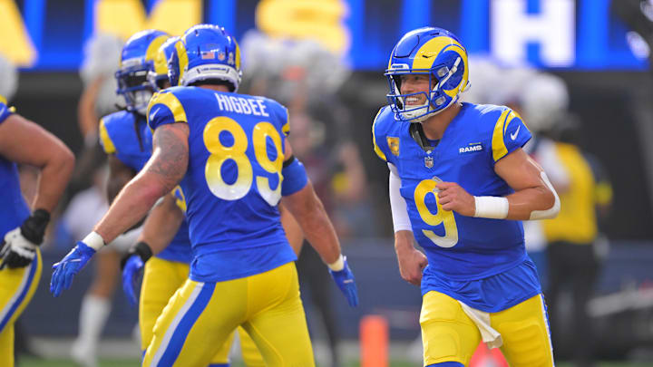 Nov 2, 2025; Inglewood, California, USA; Los Angeles Rams quarterback Matthew Stafford (9) smiles after throwing a touchdown pass New Orleans Saints during the first half at SoFi Stadium. Mandatory Credit: Jayne Kamin-Oncea-Imagn Images
