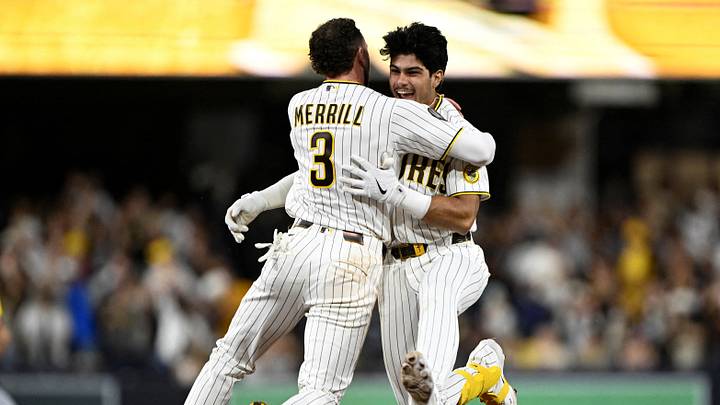 Sep 19, 2026; San Diego, California, USA;  San Diego Padres pinch hitter Ethan Salas (8) celebrates with center fielder Jackson Merrill (3) after hitting a walk-off single during the tenth inning against the Miami Marlins at Petco Park.  Mandatory Credit: Denis Poroy-Imagn Images     TPX IMAGES OF THE DAY