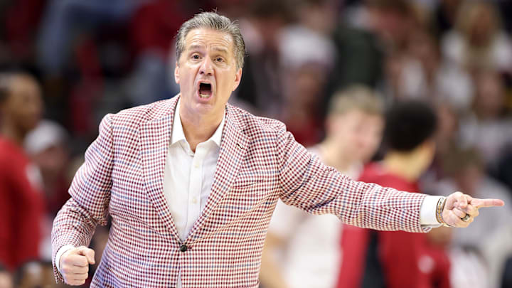 Feb 21, 2026; Fayetteville, Arkansas, USA; Arkansas Razorbacks head coach John Calipari during the second half against the Missouri Tigers at Bud Walton Arena. Arkansas won 94-86. Mandatory Credit: Nelson Chenault-Imagn Images