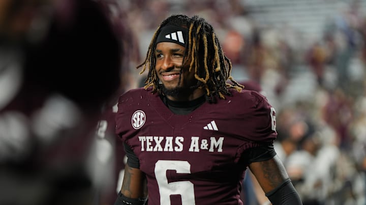 Aug 30, 2025; College Station, Texas, USA; Texas A&M Aggies cornerback Julio Humphrey (6) after the game against the UTSA Roadrunners at Kyle Field. Mandatory Credit: Sean Thomas-Imagn Images