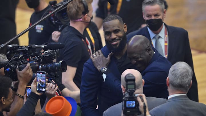 Feb 20, 2022; Cleveland, Ohio, USA; Lebron James and Michael Jordan on court during halftime during the 2022 NBA All-Star Game at Rocket Mortgage FieldHouse. Mandatory Credit: David Richard-Imagn Images Feb 20, 2022; Cleveland, Ohio, USA; Lebron James and Michael Jordan on court during halftime during the 2022 NBA All-Star Game at Rocket Mortgage FieldHouse. Mandatory Credit: David Richard-Imagn Images