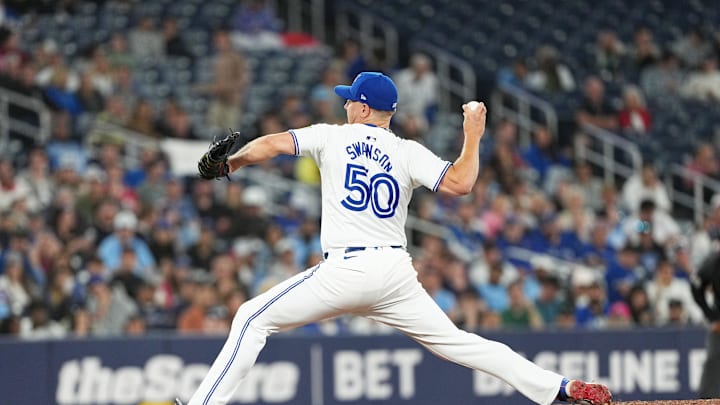 Toronto Blue Jays relief pitcher Erik Swanson (50) throws a pitch against the Philadelphia Phillies during the seventh inning at Rogers Centre on Sept 3.