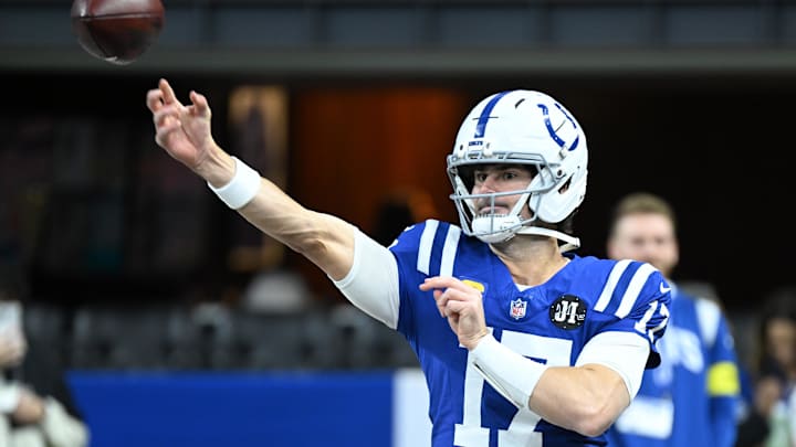 Nov 30, 2025; Indianapolis, Indiana, USA;  Indianapolis Colts quarterback Daniel Jones (17) warms up before a game against the Houston Texans at Lucas Oil Stadium. Mandatory Credit: Robert Goddin-Imagn Images