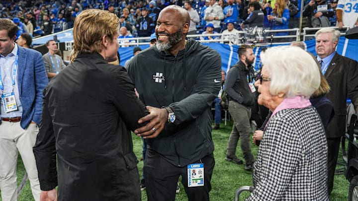 Detroit Lions general manager Brad Holmes greets people as Lions owner/chair emeritus Martha Firestone Ford looks on. Detroit Lions general manager Brad Holmes greets people as Lions owner/chair emeritus Martha Firestone Ford looks on.
