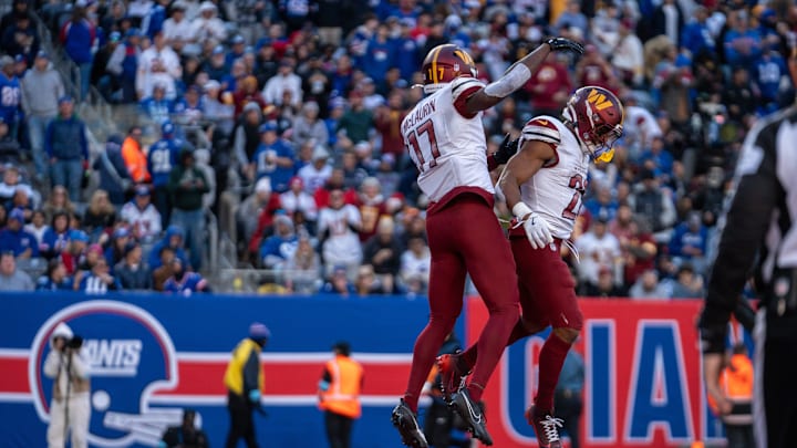Washington Commanders wide receiver Terry McLaurin (17) celebrates with teammate Washington Commanders running back Jeremy McNichols (26) after catching a pass for a touchdown during a game between the New York Giants and the Washington Commanders at MetLife Stadium in East Rutherford on Sunday, Nov. 3, 2024. Washington Commanders wide receiver Terry McLaurin (17) celebrates with teammate Washington Commanders running back Jeremy McNichols (26) after catching a pass for a touchdown during a game between the New York Giants and the Washington Commanders at MetLife Stadium in East Rutherford on Sunday, Nov. 3, 2024.
