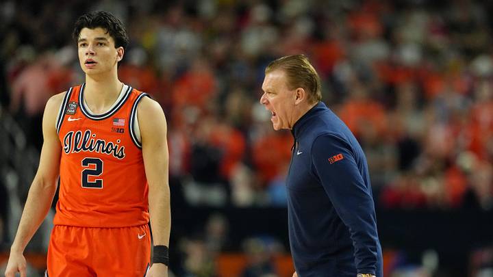 Apr 4, 2026; Indianapolis, IN, USA; Illinois Fighting Illini head coach Brad Underwood reacts after a play against the UConn Huskies during the second half of a semifinal of the Final Four of the men's 2026 NCAA Tournament at Lucas Oil Stadium. Mandatory Credit: Bob Donnan-Imagn Images
