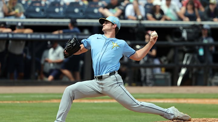 Tampa Bay Rays pitcher Mason Montgomery (48) throws a pitch during the sixth inning against the New York Yankees at George M. Steinbrenner Field on March 23. Tampa Bay Rays pitcher Mason Montgomery (48) throws a pitch during the sixth inning against the New York Yankees at George M. Steinbrenner Field on March 23.