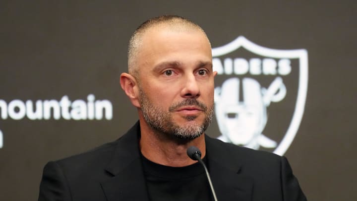 Feb 10, 2026; Henderson, NV, USA;  Las Vegas Raiders general manager John Spytek at press conference at Intermountain Health Performance Center. Mandatory Credit: Kirby Lee-Imagn Images
