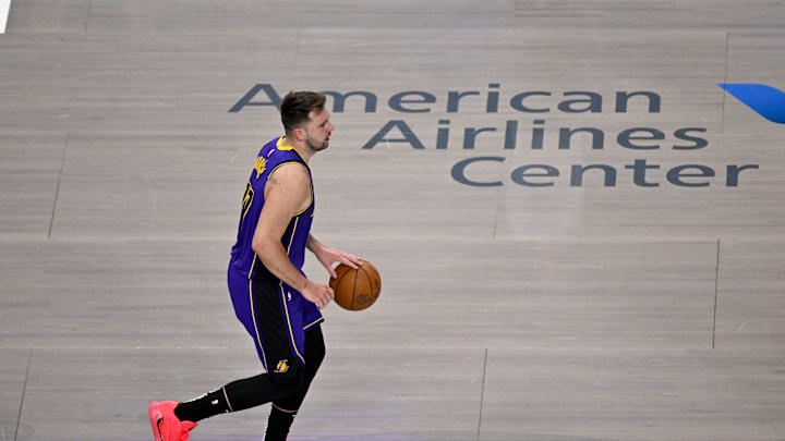 Apr 9, 2025; Dallas, Texas, USA; Los Angeles Lakers guard Luka Doncic (77) in action during the game between the Dallas Mavericks and the Los Angeles Lakers at American Airlines Center. Mandatory Credit: Jerome Miron-Imagn Images