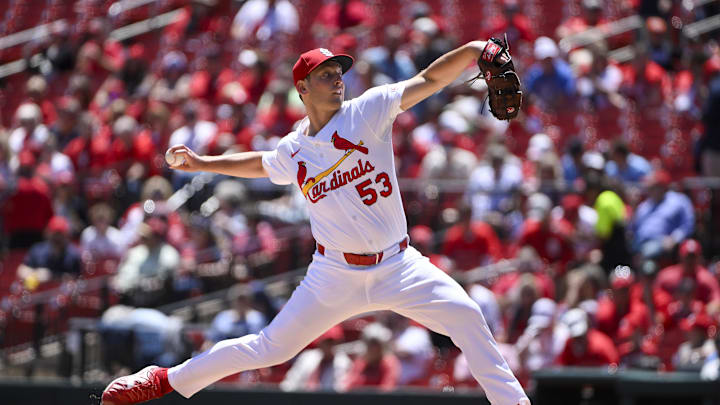 May 21, 2025; St. Louis, Missouri, USA;  St. Louis Cardinals starting pitcher Andre Pallante (53) pitches against the Detroit Tigers during the first inning at Busch Stadium. Mandatory Credit: Jeff Curry-Imagn Images