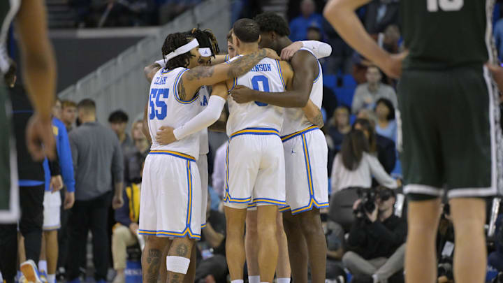 Feb 4, 2025; Los Angeles, California, USA; UCLA Bruins players huddle on the court in the second half against the Michigan State Spartans at Pauley Pavilion presented by Wescom. Mandatory Credit: Jayne Kamin-Oncea-Imagn Images