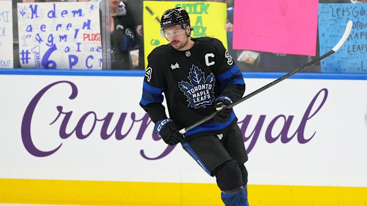 Jan 22, 2025; Toronto, Ontario, CAN; Toronto Maple Leafs center Auston Matthews (34) skates during the warmup before a game against the Columbus Blue Jackets at Scotiabank Arena. Mandatory Credit: Nick Turchiaro-Imagn Images