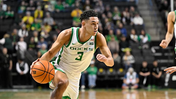 Dec 29, 2024; Eugene, Oregon, USA; Oregon Ducks guard Jackson Shelstad (3) drives to the basket during the first half against the Weber State Wildcats at Matthew Knight Arena. Mandatory Credit: Craig Strobeck-Imagn Images