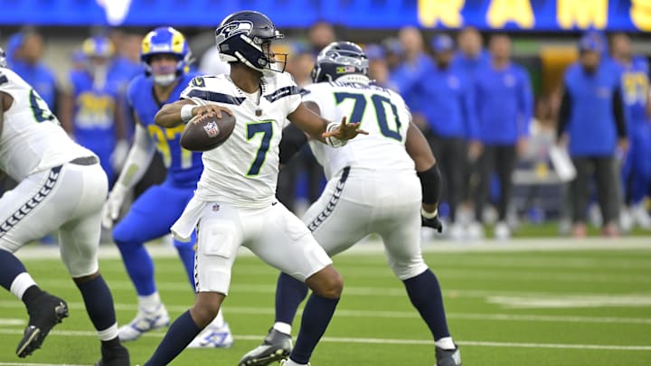 Seattle Seahawks quarterback Geno Smith (7) sets to pass against the Los Angeles Rams in the first half at SoFi Stadium on Jan 5. Seattle Seahawks quarterback Geno Smith (7) sets to pass against the Los Angeles Rams in the first half at SoFi Stadium on Jan 5.