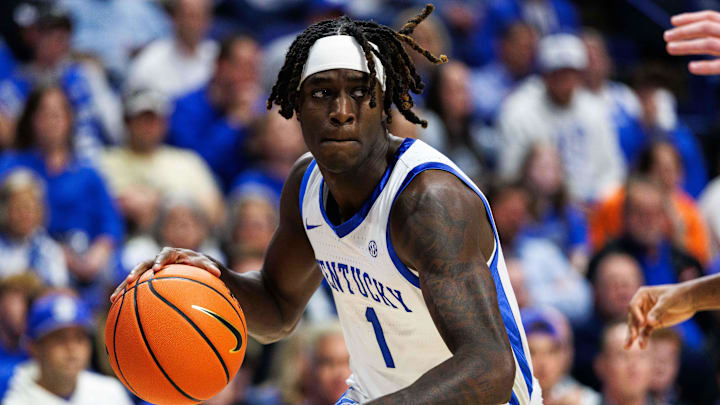 Oct 24, 2025; Lexington, KY, USA; Kentucky Wildcats guard Denzel Aberdeen (1) drives to the basket during the second half against the Purdue Boilermakers at Rupp Arena at Central Bank Center. Mandatory Credit: Jordan Prather-Imagn Images Oct 24, 2025; Lexington, KY, USA; Kentucky Wildcats guard Denzel Aberdeen (1) drives to the basket during the second half against the Purdue Boilermakers at Rupp Arena at Central Bank Center. Mandatory Credit: Jordan Prather-Imagn Images