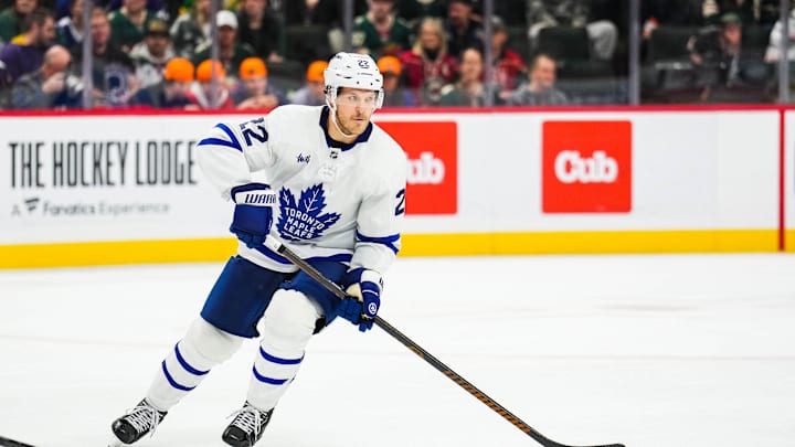Nov 3, 2024; Saint Paul, Minnesota, USA; Toronto Maple Leafs defenseman Jake McCabe (22) during a game between the Minnesota Wild and Toronto Maple Leafs at Xcel Energy Center. Mandatory Credit: Brace Hemmelgarn-Imagn Images