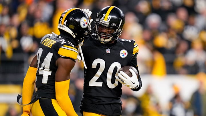 Pittsburgh Steelers cornerback Patrick Peterson (20) celebrates an interception in the first quarter of the NFL 16 game between the Pittsburgh Steelers and the Cincinnati Bengals at Acrisure Stadium in Pittsburgh on Saturday, Dec. 23, 2023. The Steelers led 24-0 at halftime.