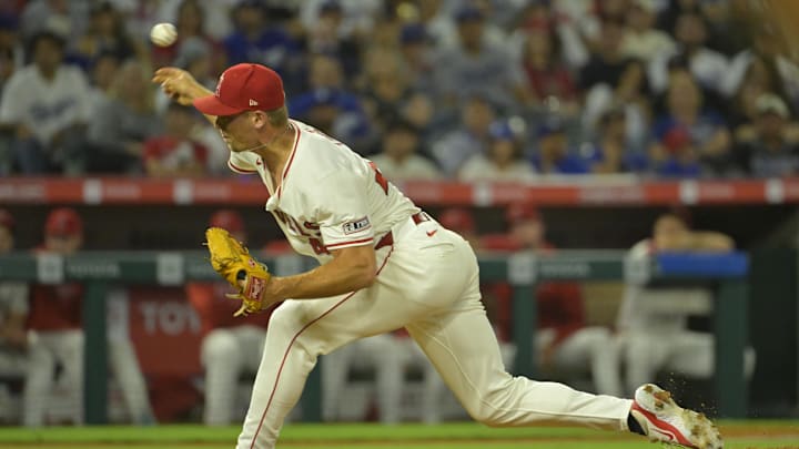 Sep 3, 2024; Anaheim, California, USA; Los Angeles Angels relief pitcher Ben Joyce (44) strikes out Los Angeles Dodgers shortstop Tommy Edman (25) on a 105.5 mph pitch in the eighth inning at Angel Stadium. Mandatory Credit: Jayne Kamin-Oncea-Imagn Images Sep 3, 2024; Anaheim, California, USA; Los Angeles Angels relief pitcher Ben Joyce (44) strikes out Los Angeles Dodgers shortstop Tommy Edman (25) on a 105.5 mph pitch in the eighth inning at Angel Stadium. Mandatory Credit: Jayne Kamin-Oncea-Imagn Images