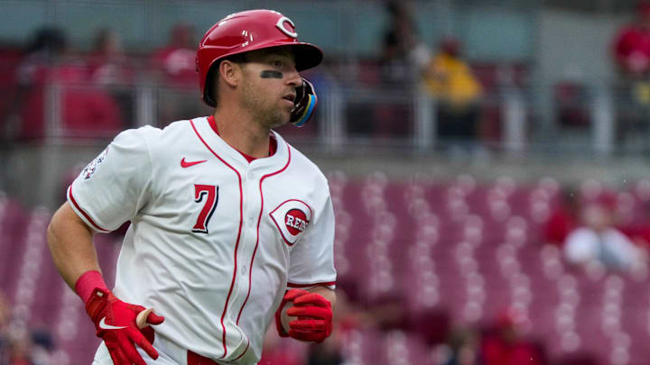 May 1, 2025; Cincinnati, Ohio, USA; Cincinnati Reds first baseman Spencer Steer (7) runs the bases on a solo home run in the sixth inning against the St. Louis Cardinals at Great American Ball Park at Great American Ball Park. Mandatory Credit: Sam Greene/The Cincinnati Enquirer-USA TODAY Network via Imagn Images 